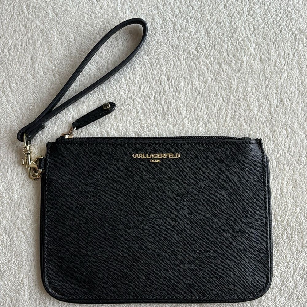Karl Lagerfeld Paris Textured Black Faux Leather Wristlet Gold Tone Logo‎